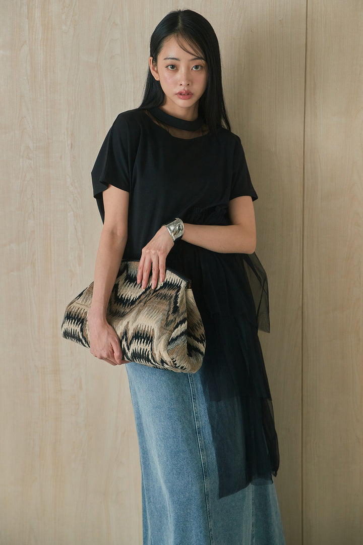 [SET]アシンメトリーチュールフリルTシャツ+デニムロングフレアスカート(2set)