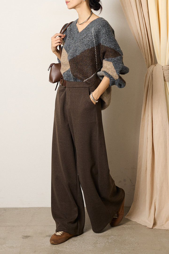 [SET]ルーズアーガイルVネックニット+サイドベルトパンツ(2set)