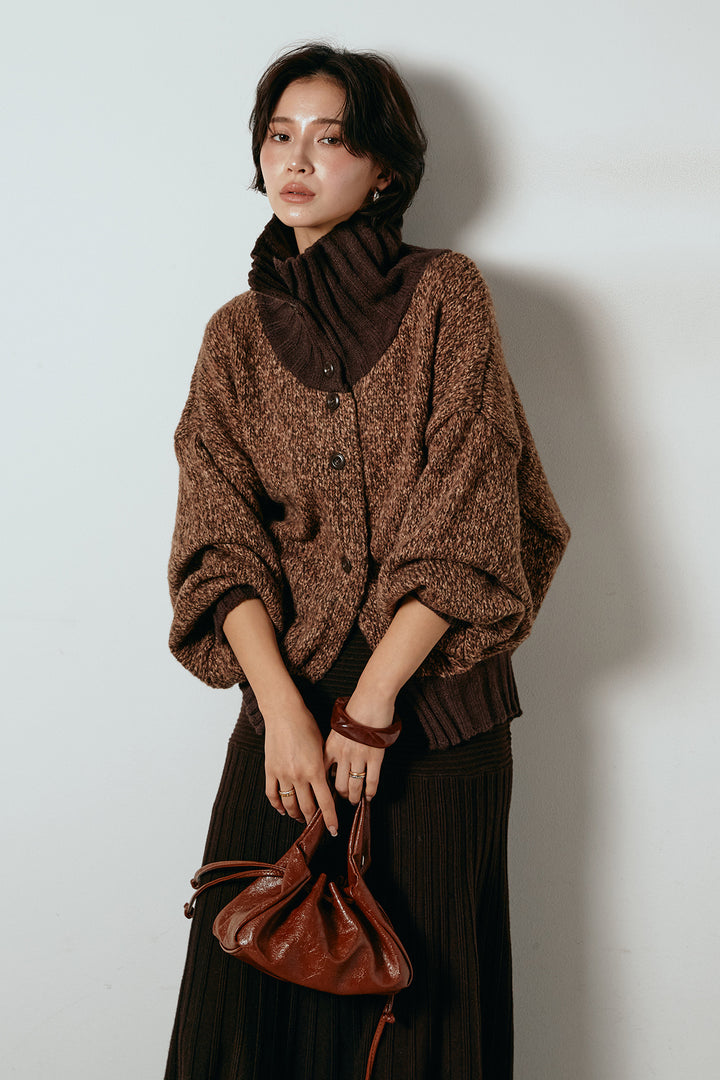 [SET]ハイネックミックスニットカーディガン+編み地切り替えフレアニットスカート(2set)