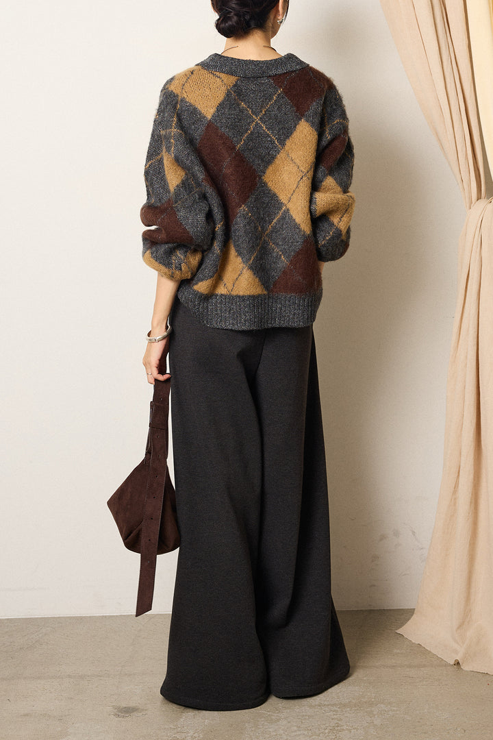 [SET]アクリルモヘアアーガイルキーネックプルオーバー+サイドベルトパンツ(2set)