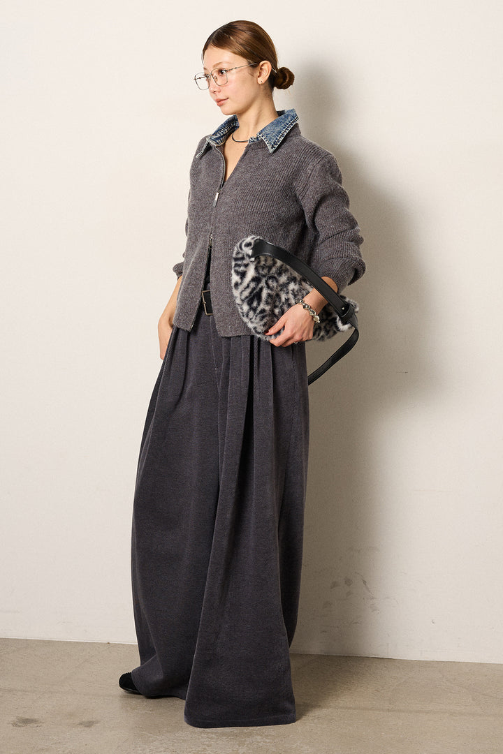 [SET]デニム襟ダブルジップニットトップス+ベルトループコーデュロイワイドパンツ(2set)