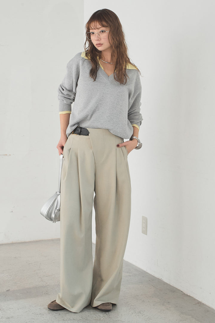 [SET]バイカラーニットレイヤード風プルオーバー+サイドベルトタック入りスラックス(2set)