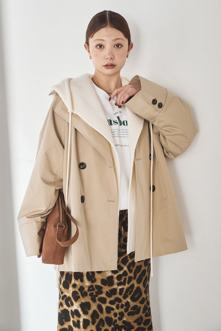 [SET]ナイロントレンチコート+レオパードサテンナロースカート(2set)