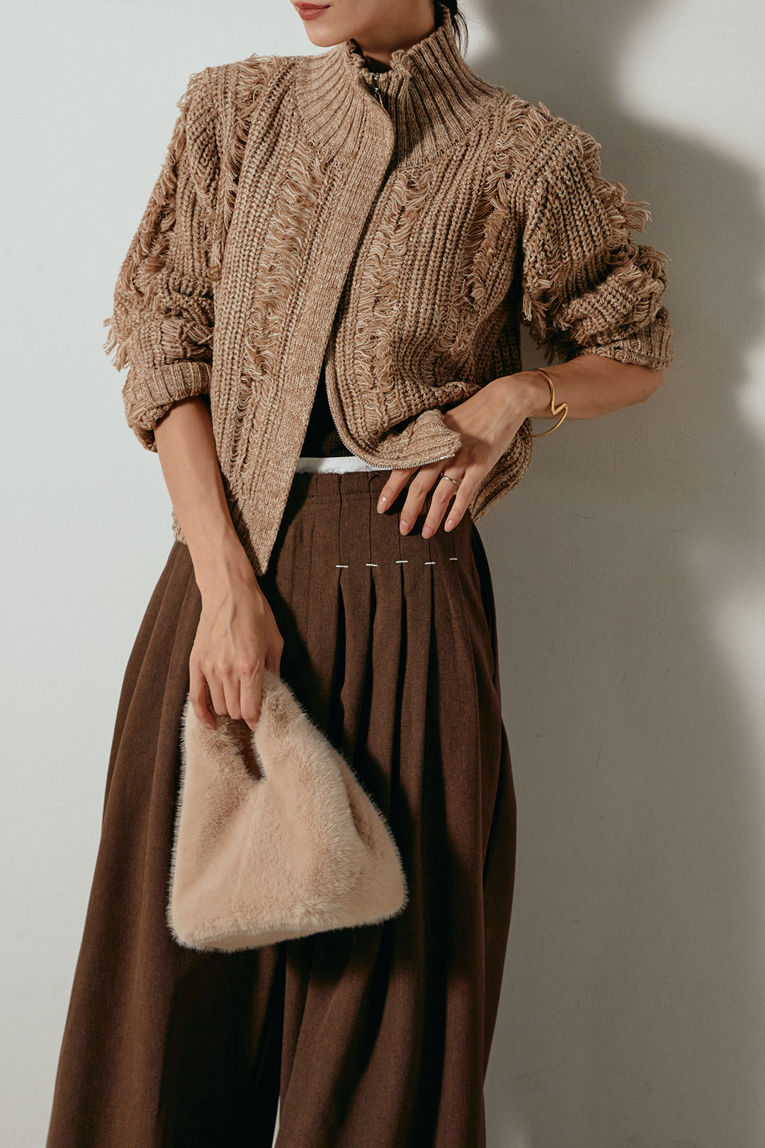 [SET]ハイネックフリンジジップニットトップス+ウエストステッチデザインワイドスラックス(2set)