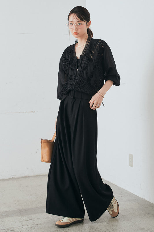 【着回しセット】[SET]ミックスメッシュキーネックプルオーバー+モチーフ付きシアーブルゾン+ベルト付きツータックワイドパンツ(3set)