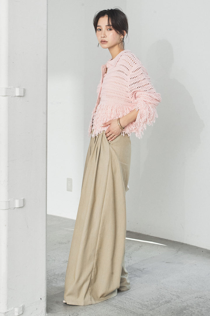 [SET]メッシュフリンジカーディガン+編みベルト付きウエストタックワイドパンツ(2set)