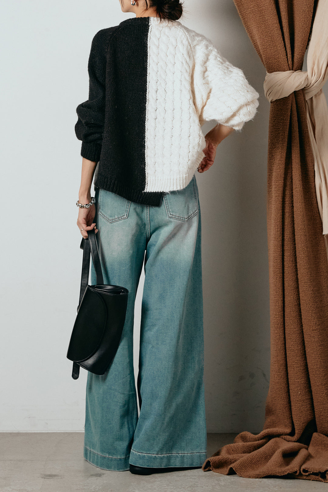 [SET]ハーフジップニットデニムドッキングトップス+ウエストダブルボタンワイドデニムパンツ(2set)