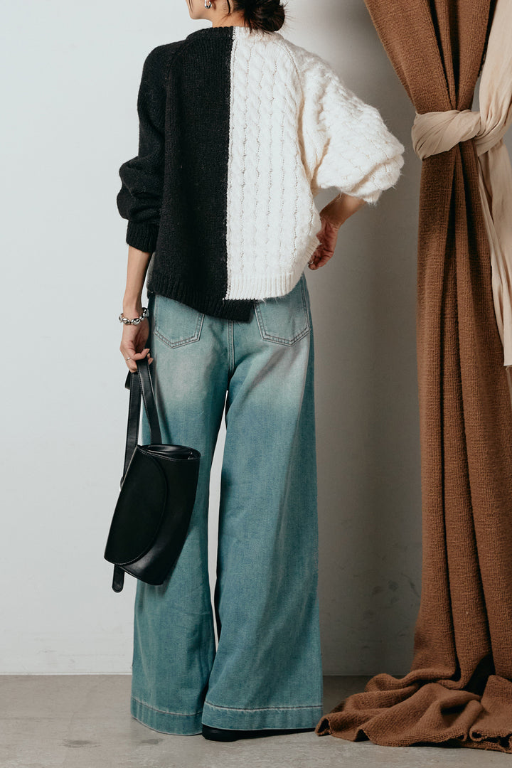 [SET]ハーフジップニットデニムドッキングトップス+ウエストダブルボタンワイドデニムパンツ(2set)