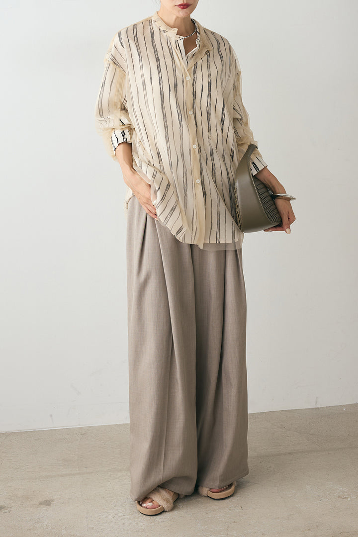 [SET]バンドカラー手書き風ライン柄シャツ+バンドカラー重ねシアーシャツ+フェイクレザーベルトセンタータックパンツ(3set)