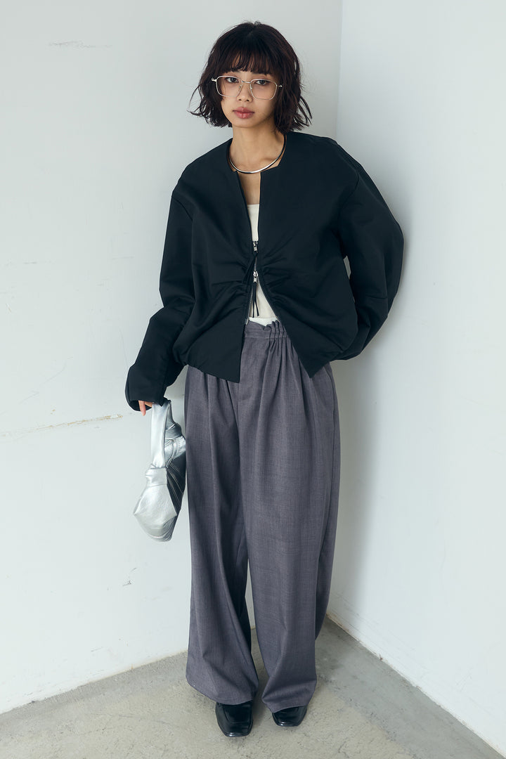 [SET]ノーカラーフロントギャザージップアウター+ツイルメニータックパンツ(2set)