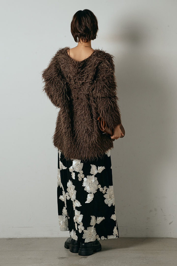 [SET]深Vネックシャギーニットトップス+フラワー刺繍ワイドスカート(2set)