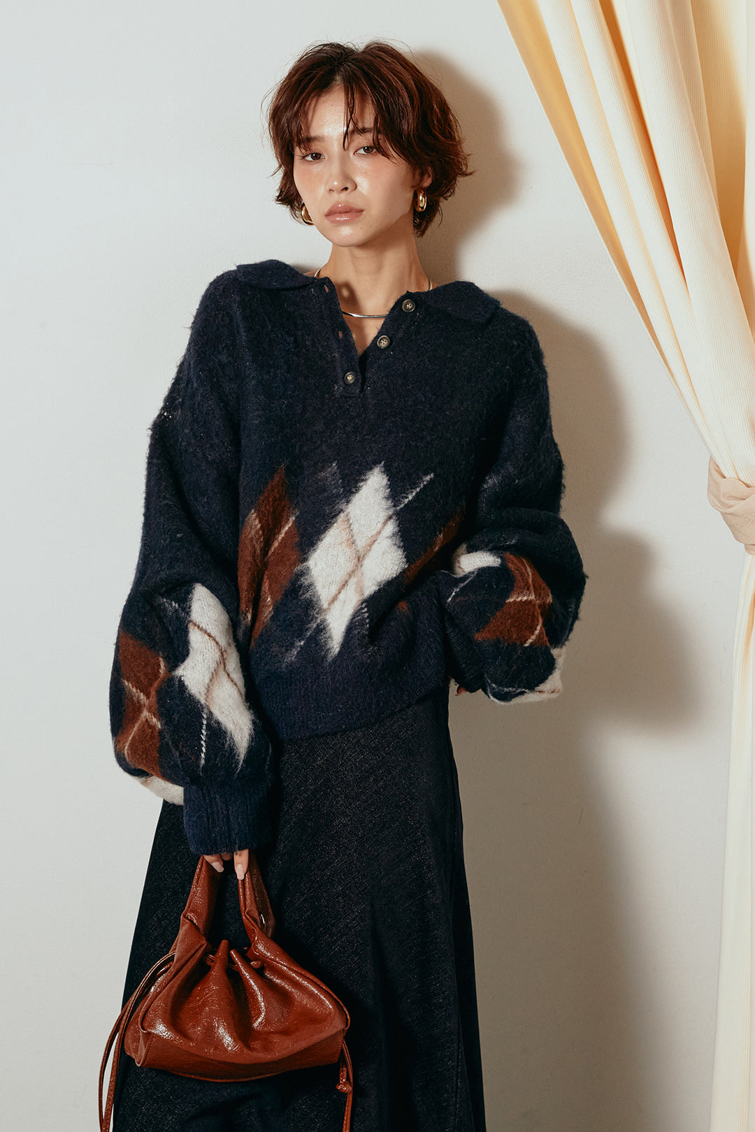 [SET]アーガイル柄ポロニットトップス+スウェードライクロングスカート(2set)