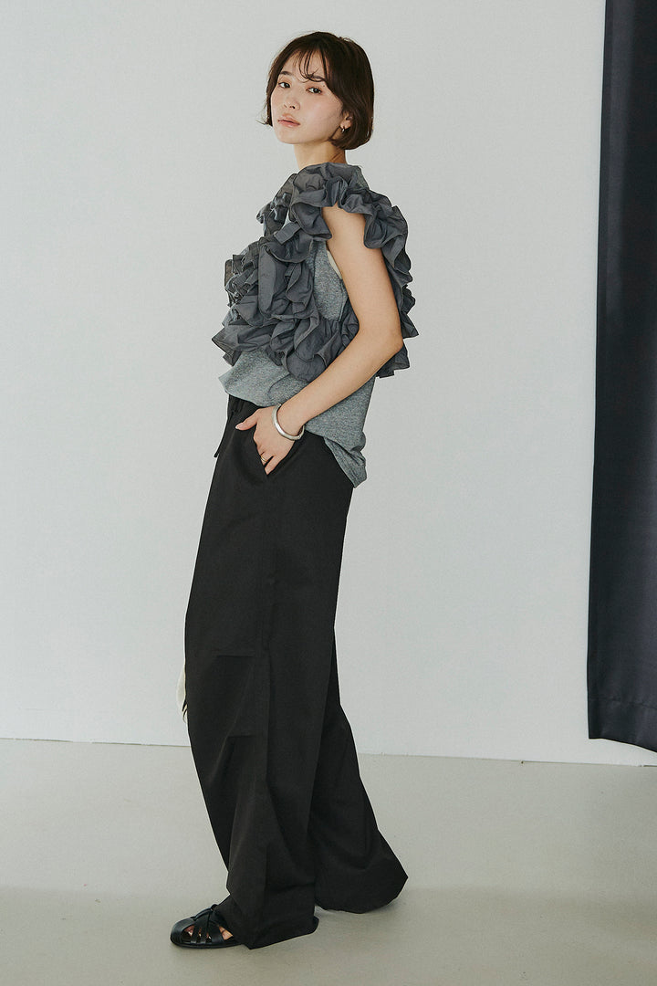 [SET]天竺ナイロンドッキングビスチェ風トップス+ニーサイドタックウエストドロスパンツ(2set)