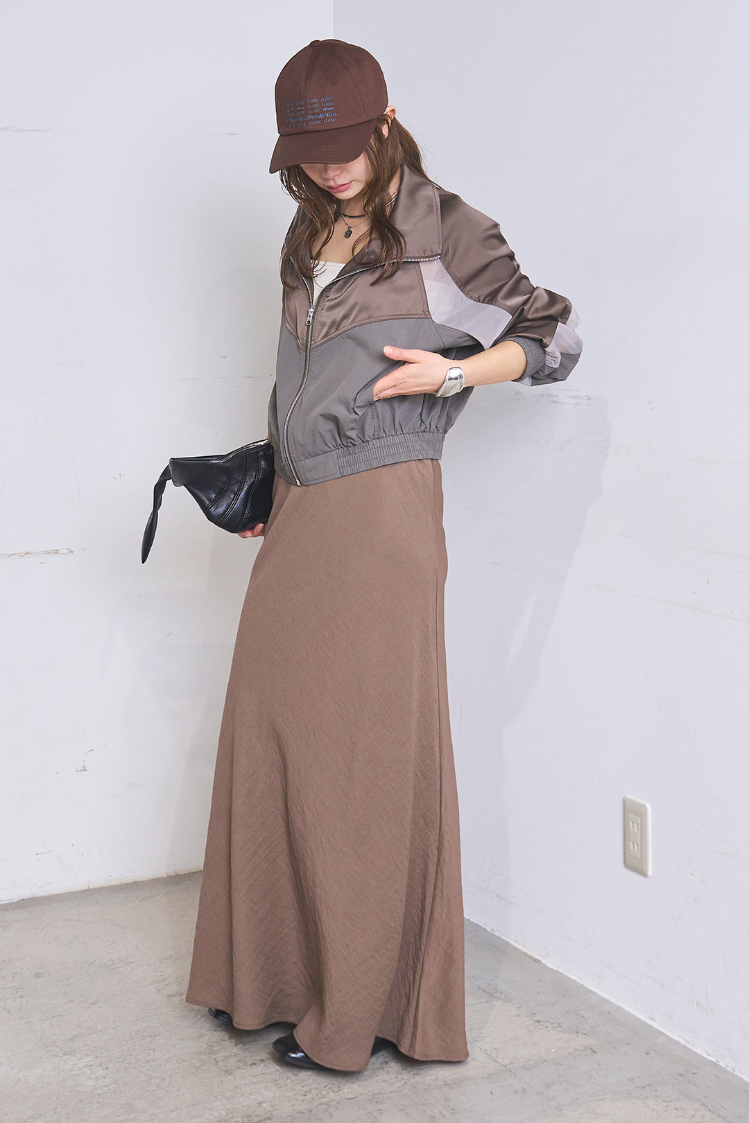 [SET]異素材切替ZIPブルゾン+リネンブレンドロングナロースカート(2set)