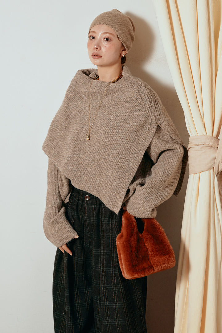 [SET]ケープデザインリブニットトップス+タータンチェック柄タックパンツ(2set)