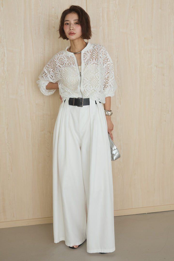 [SET]幾何レースブルゾン+ベルト付きビックループワイドパンツ(2set)