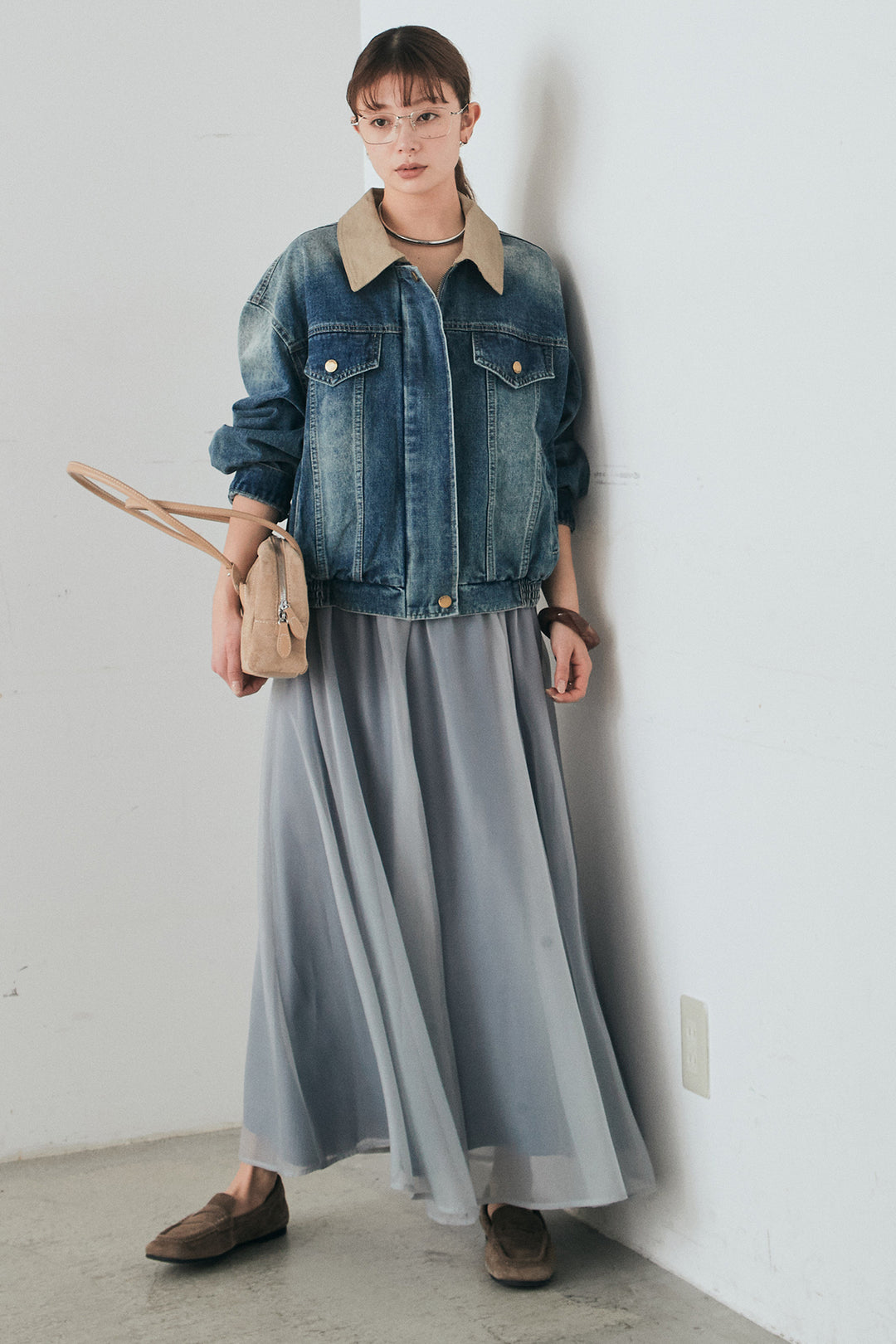 [SET]襟切り替えジップデニムジャケット+リラックスシアーフレアスカート(2set)