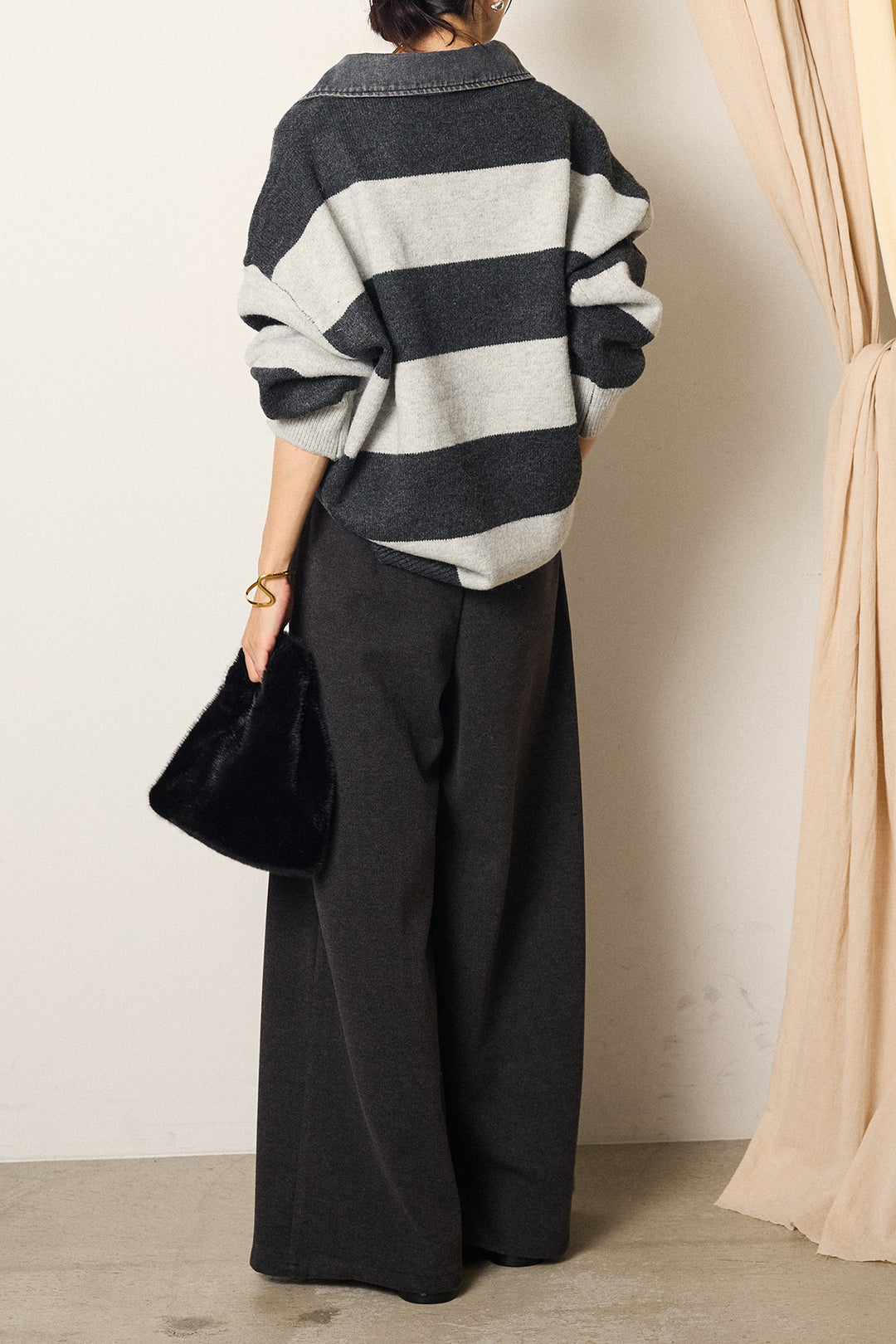 [SET]デニムカラーボーダールーズニット+ゴールドバックル太ベルト付きワイドパンツ(2set)