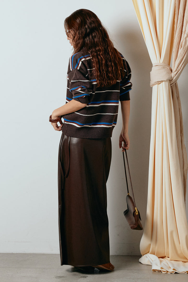 [SET]襟付きマルチボーダーニットポロトップス+紐付きフェイクレザーワイドスカート(2set)