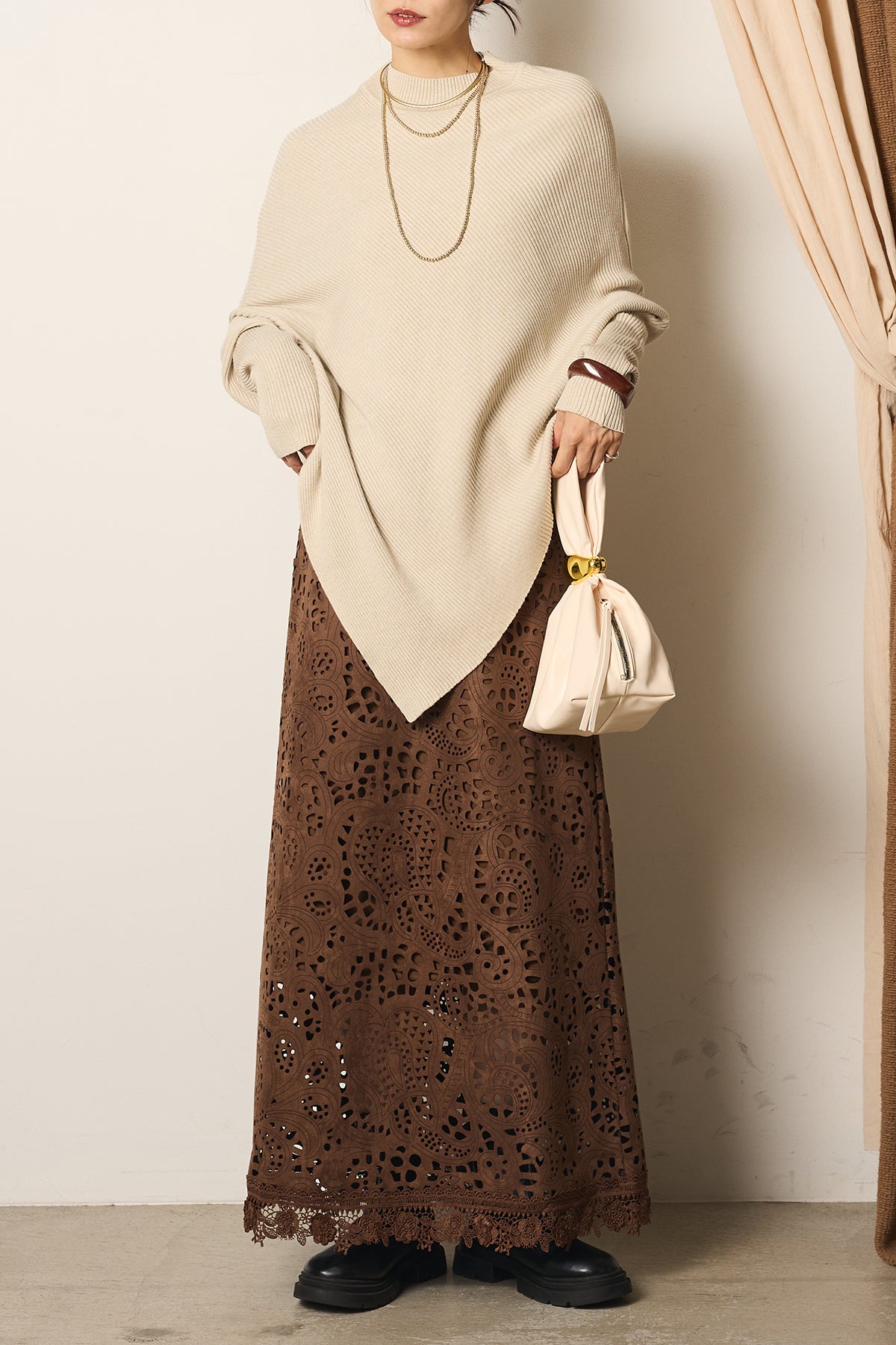 SET]裾アシメデザインニットトップス+ランダム柄ワイドスカート