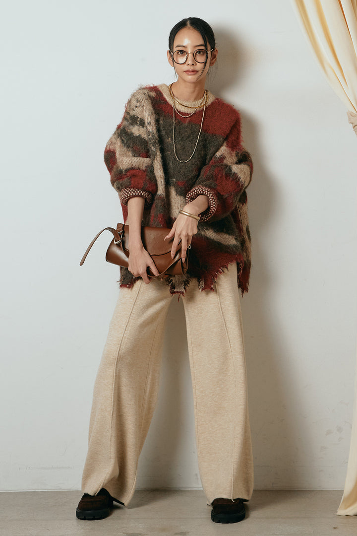 [SET]起毛裾デザインニュアンス柄ニットトップス+センターラインニットパンツ(2set)