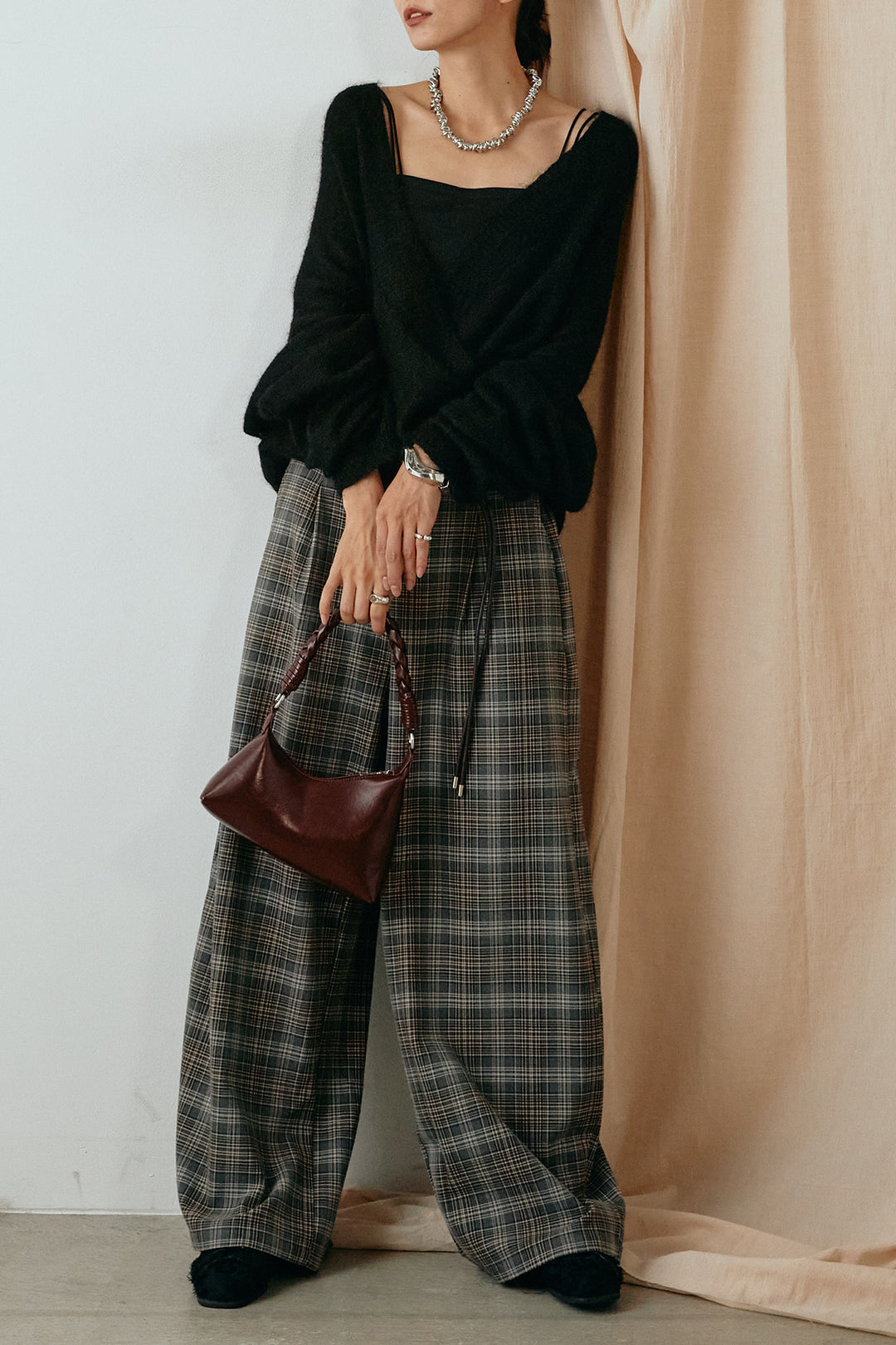 [SET]カシュクールデザインニット+編みベルト付きタータンチェックワイドパンツ(2set)