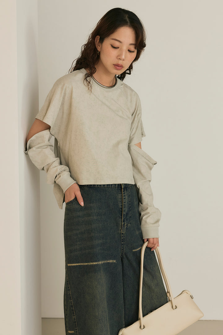 [SET]セパレートフェードTシャツ+ランダムダメージデニムワイドパンツ(2set)