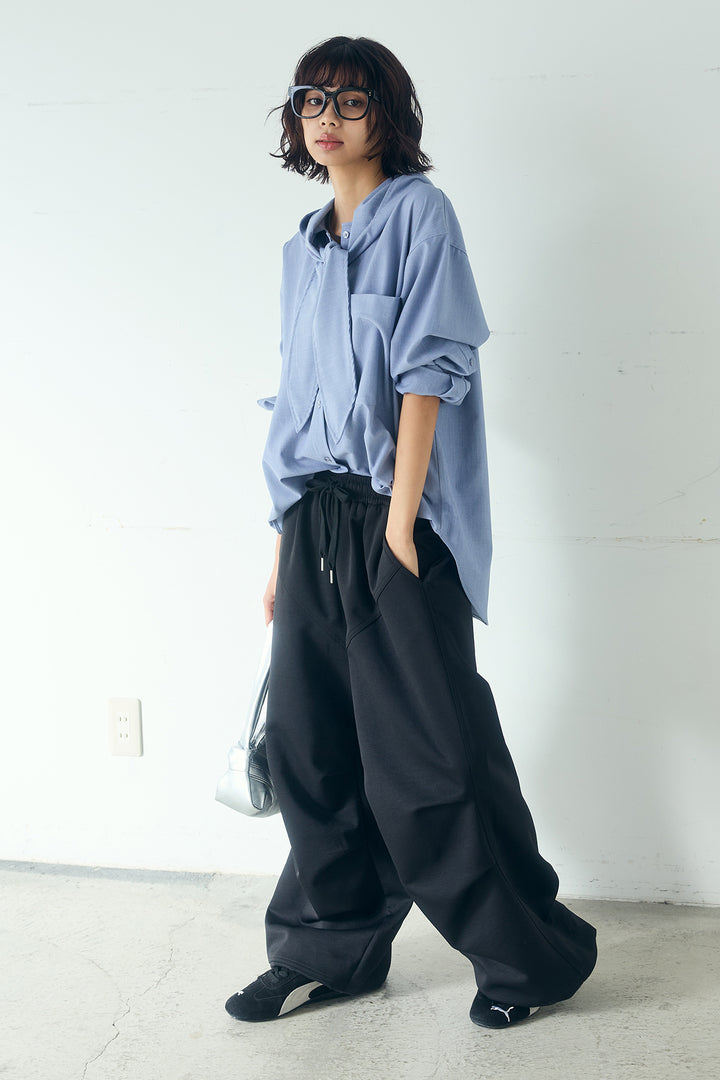 [SET]無地タイ付フーディーBIGシャツ+ランダムタックデザインワイドパンツ(2set)