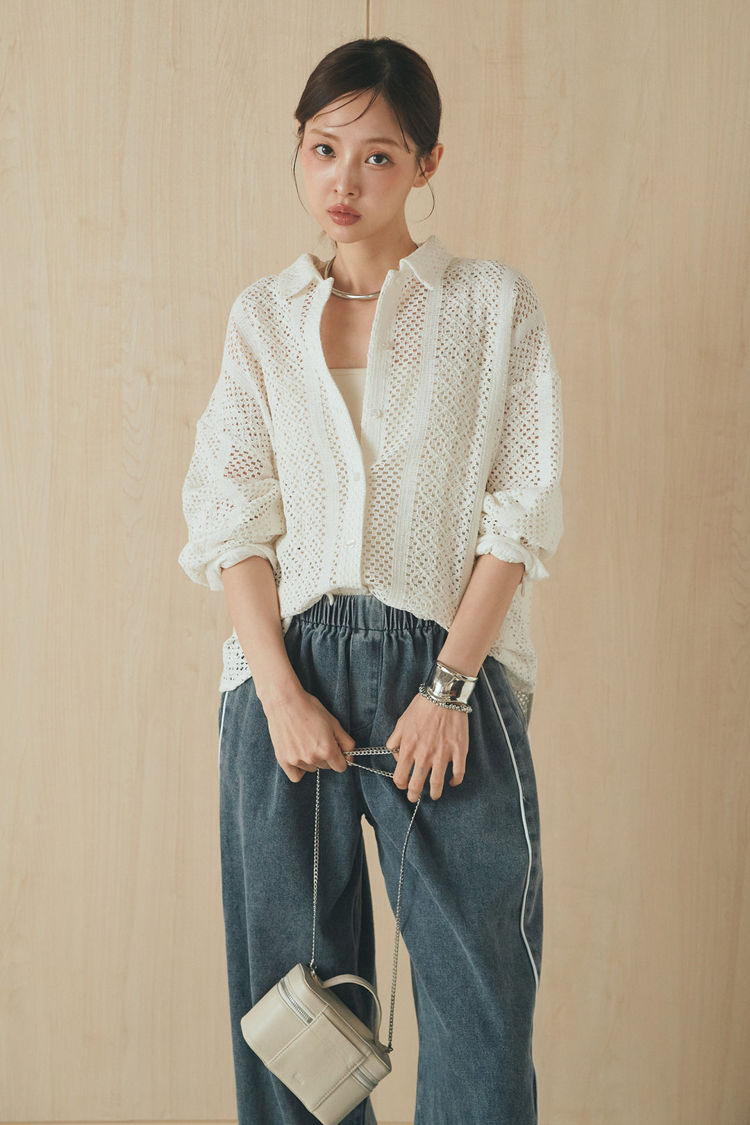 [SET]長袖襟付きレースシャツ+ドロストサイドラインデニムパンツ(2set)