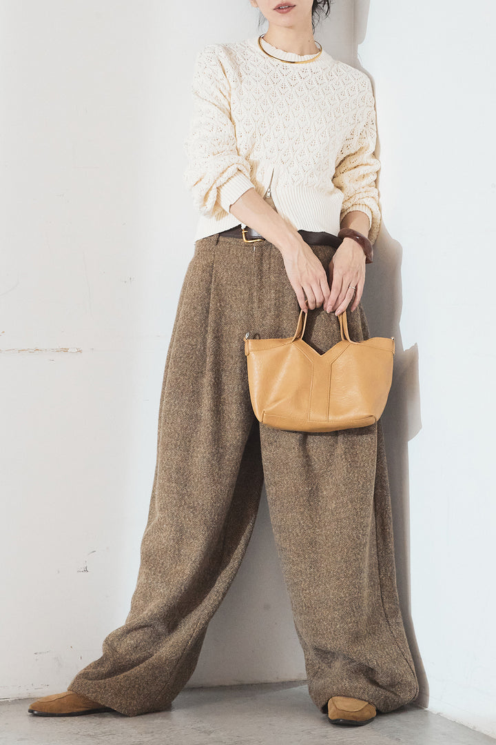 [SET]透かし編みニットジップスリットプルオーバー+タックツイードワイドパンツ(2set)
