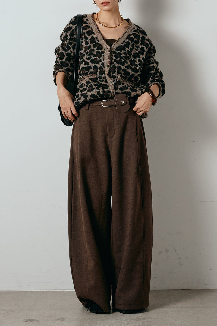 [SET]ステッチデザインレオパードニットカーディガン+ポーチベルト付きカーブパンツ(2set)