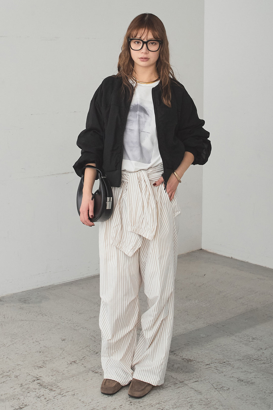 [SET]シアー×ポンチブルゾン+ストライプウエスト巻きジョガーパンツ(2set)