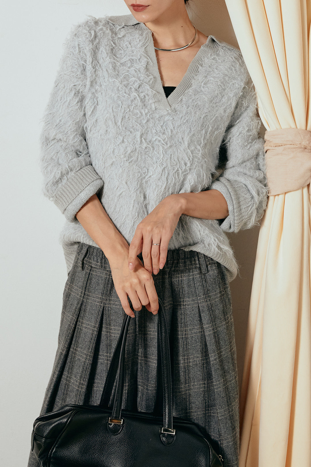 [SET]襟付きシャギーニットポロトップス+タータンチェック柄タックパンツ(2set)