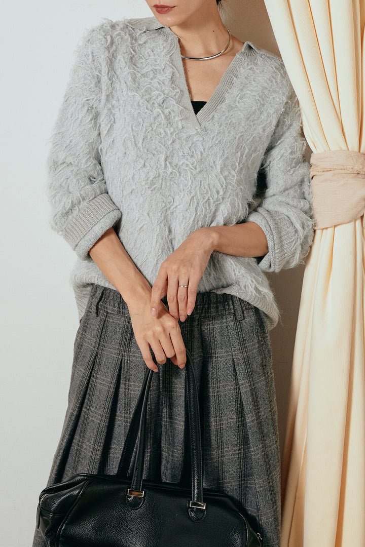 [SET]襟付きシャギーニットポロトップス+タータンチェック柄タックパンツ(2set)