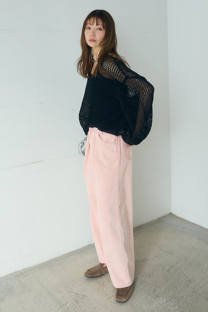 [SET]メッシュ編みビスチェセットVネックプルオーバー+カラーデニムタックカーブパンツ(2set)