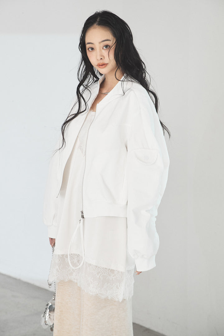 [SET]袖ギャザーデザインブルゾン+レース切り替えキャミソール(2set)