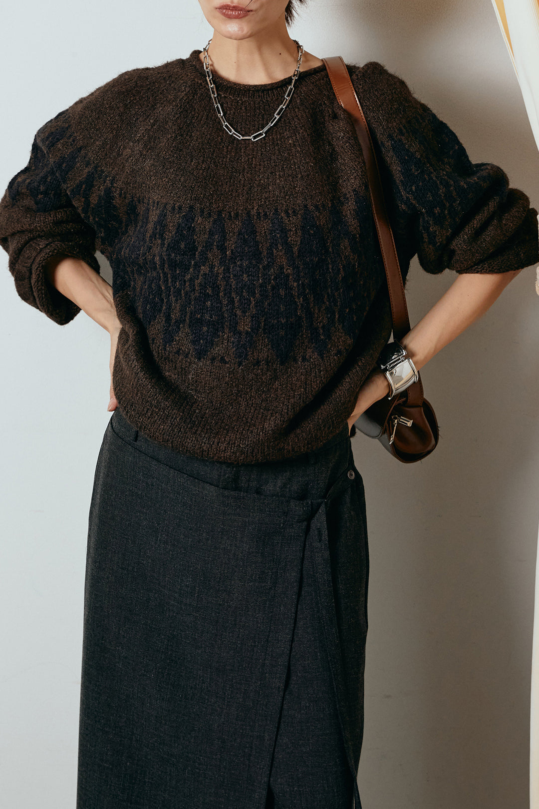 [SET]モノトーン柄ニットトップス+ラップ巻きワイドスラックス(2set)