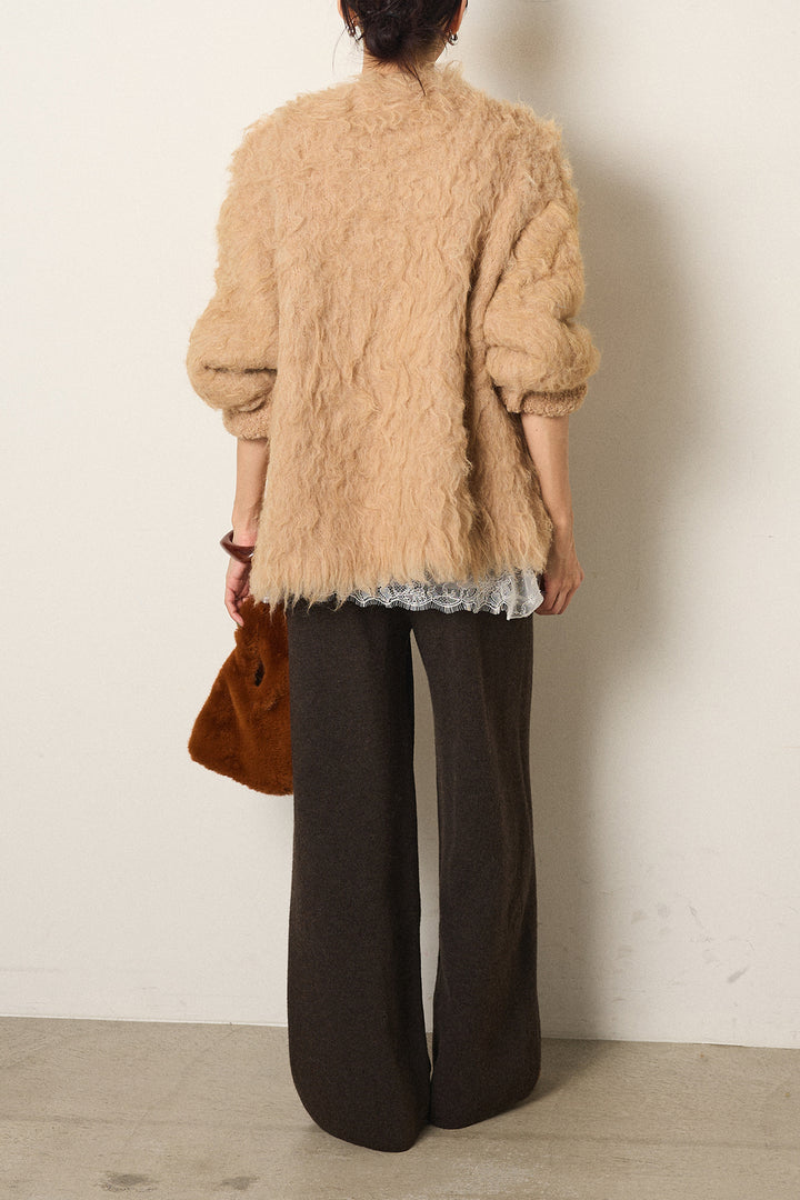 [SET]起毛シャギーニットカーディガン+センターラインニットパンツ+レース切り替えキャミソール(3set)