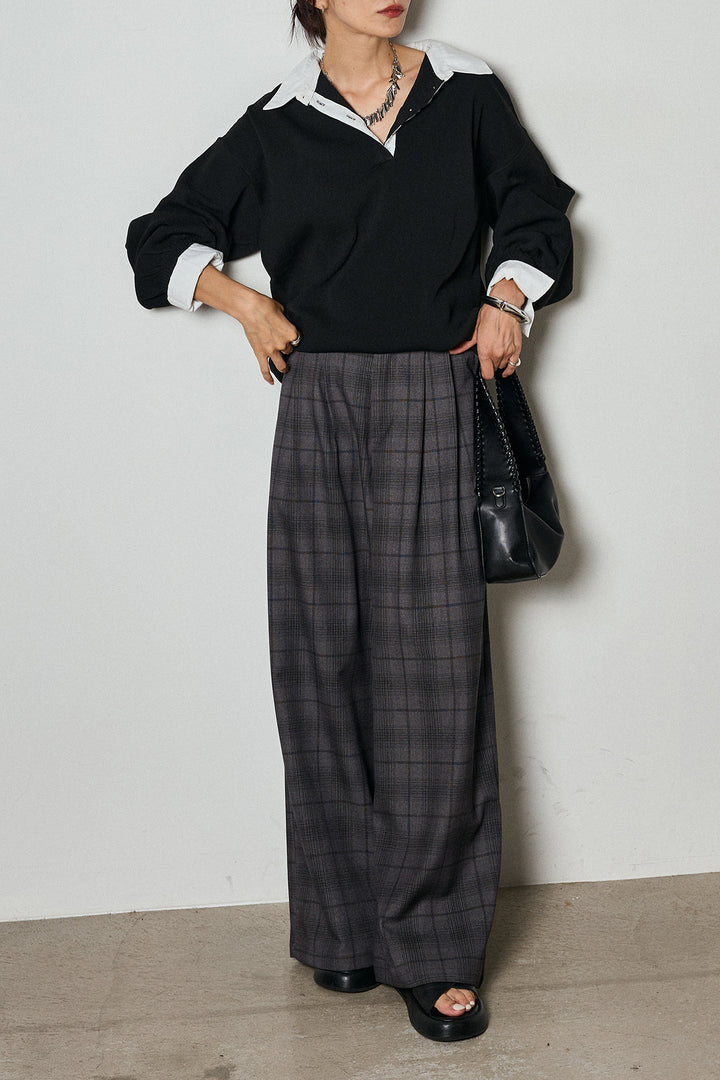 【即納】タック入りタータンチェックワイドパンツ