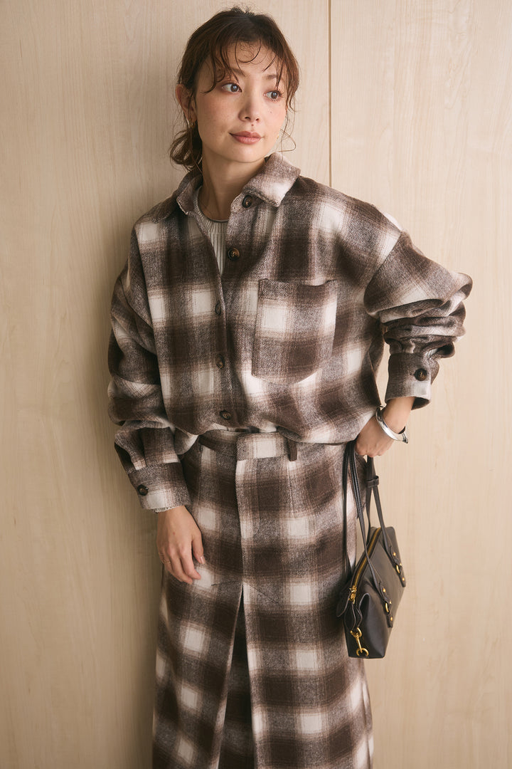 [SET]起毛チェック柄シャツジャケット+起毛チェック柄ボックスタックスカート(2set)