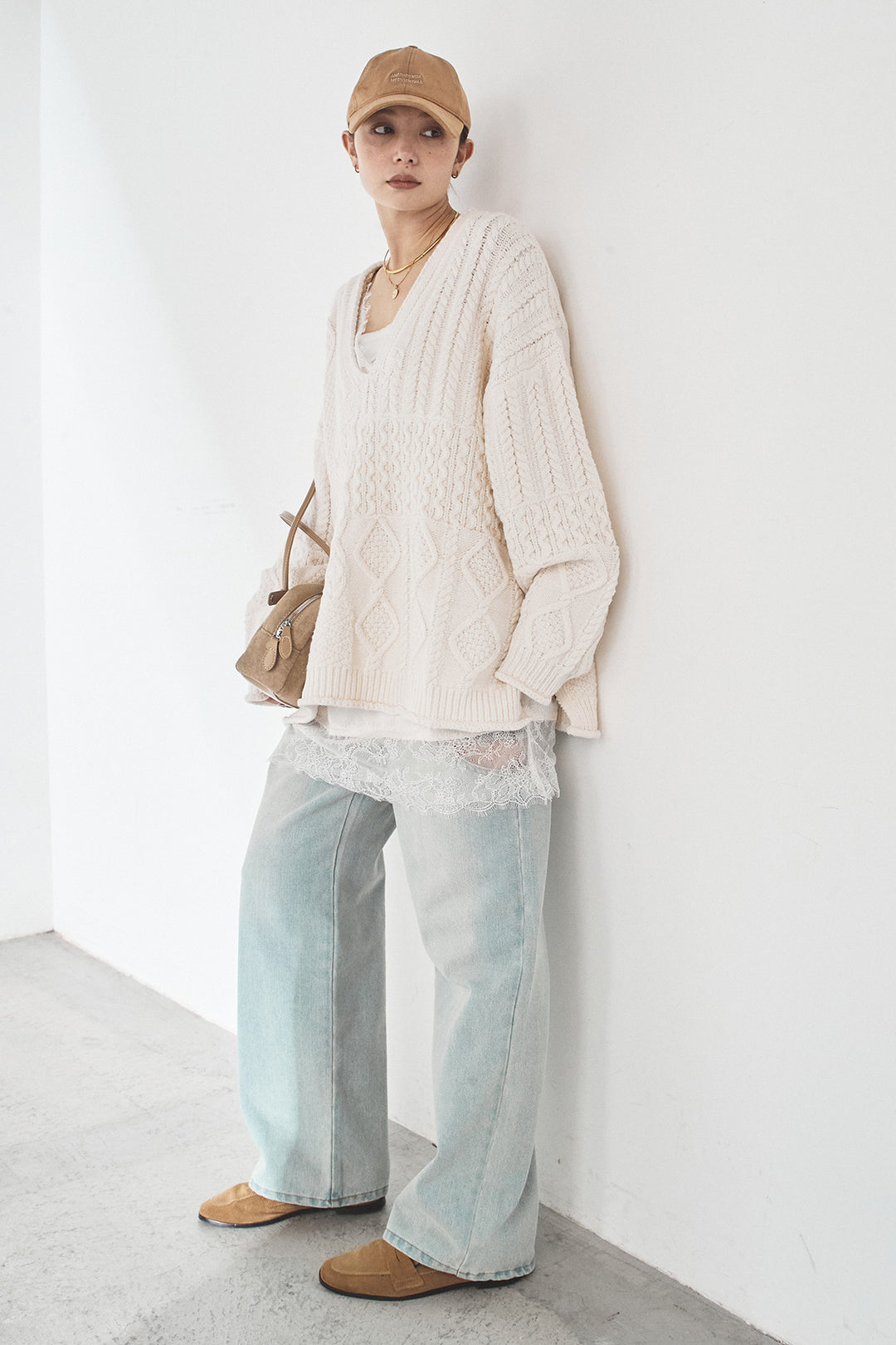 [SET]ケーブルVニットセーター+デニムサイドカットパンツ(2set)