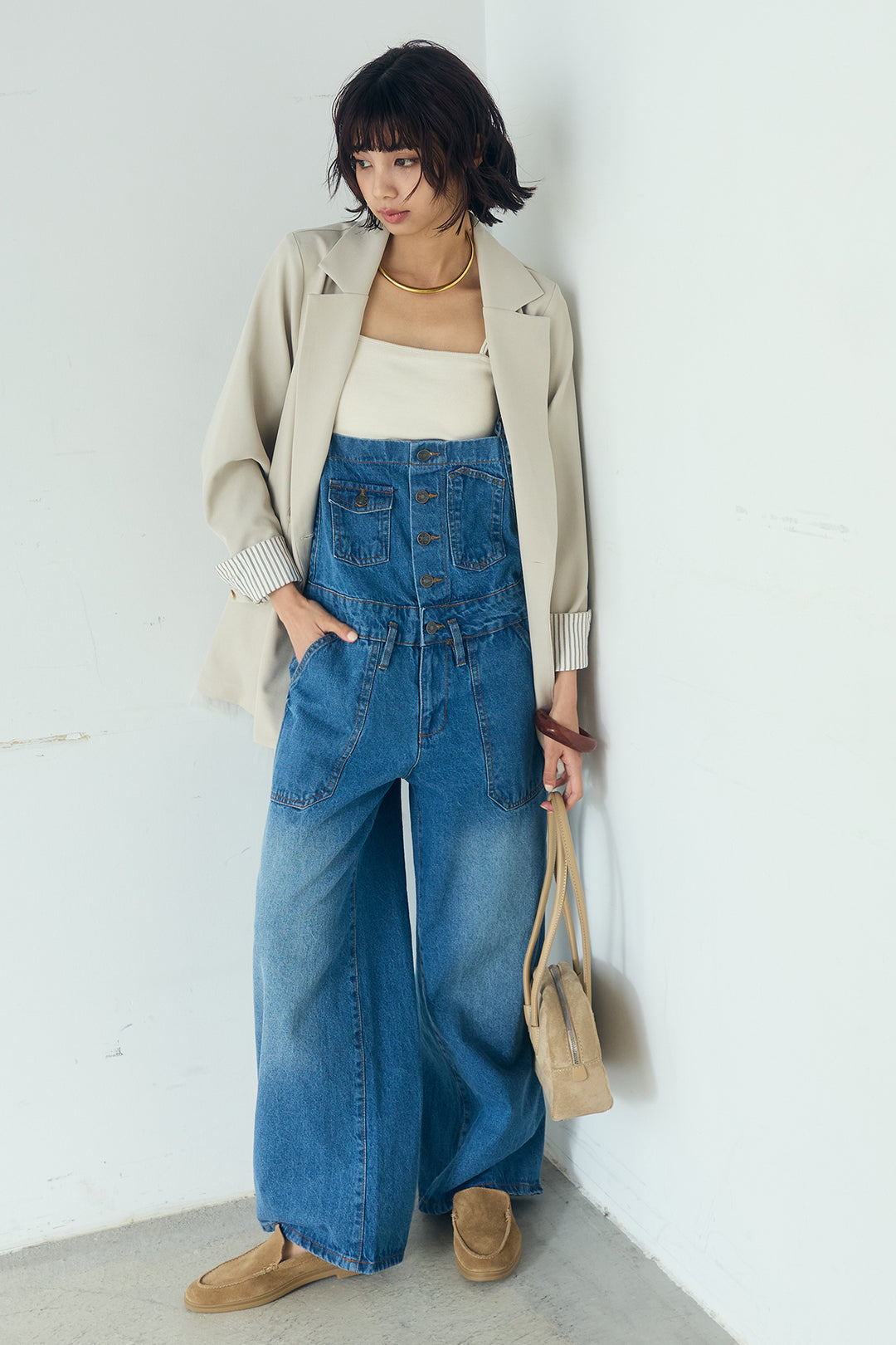[SET]裾フリルダブルジャケット+デニムサロペットワイドパンツ(2set)