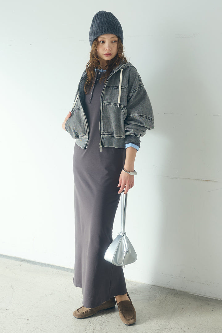 [SET]デニムダブルジップパーカーブルゾン+レイヤード見えヘンリーネックロングワンピース(2set)