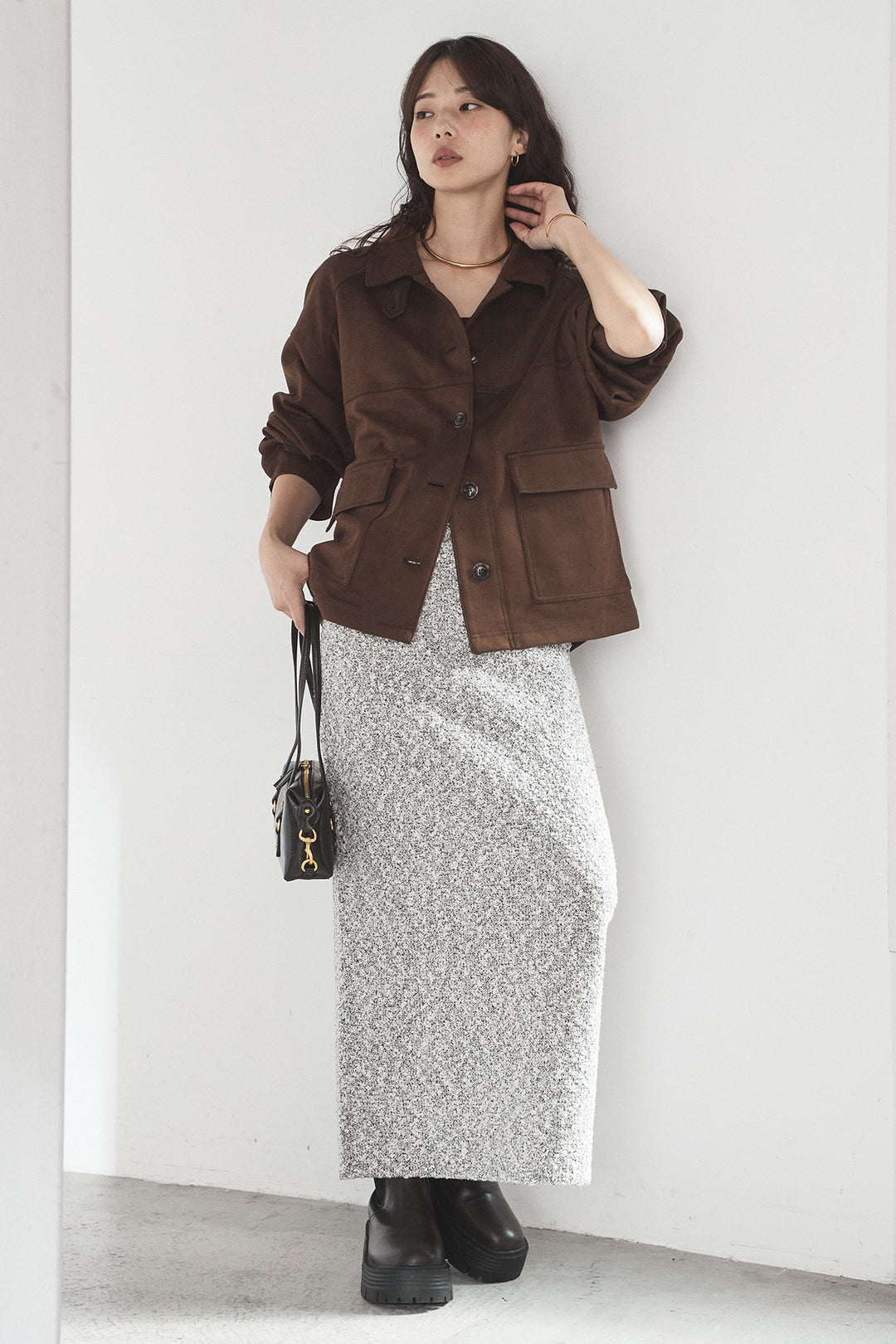 [SET]デカポケスエポンジャケット+ツイード風MIXスラブスカート(2set)