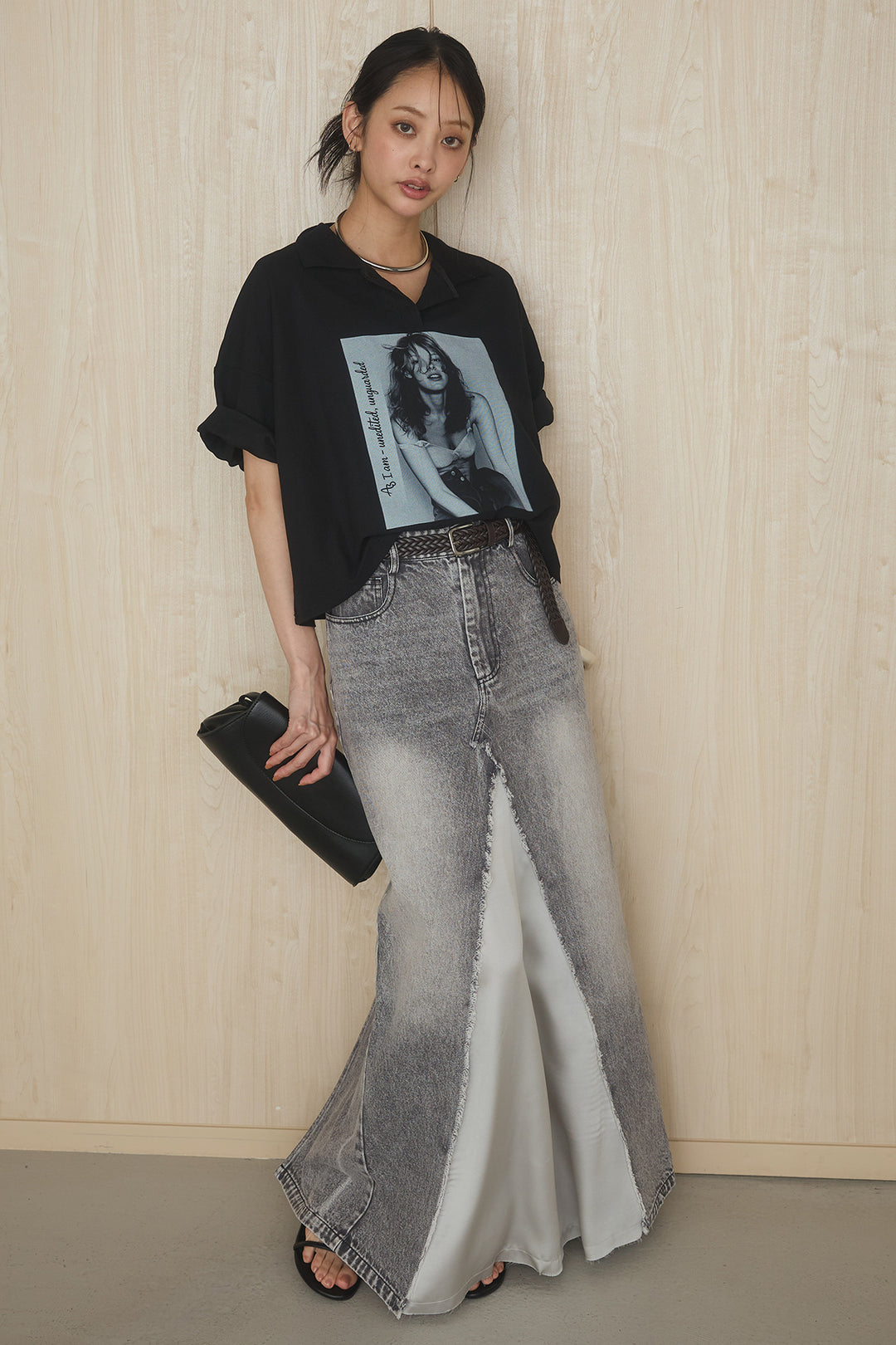 [SET]グラフィックポロTシャツ+サテン切り替えデニムスカート(2set)