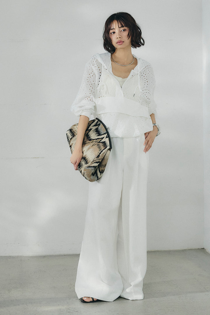 [SET]レースハーフジップアップフーディー+リネン混タックストレートワイドパンツ(2set)
