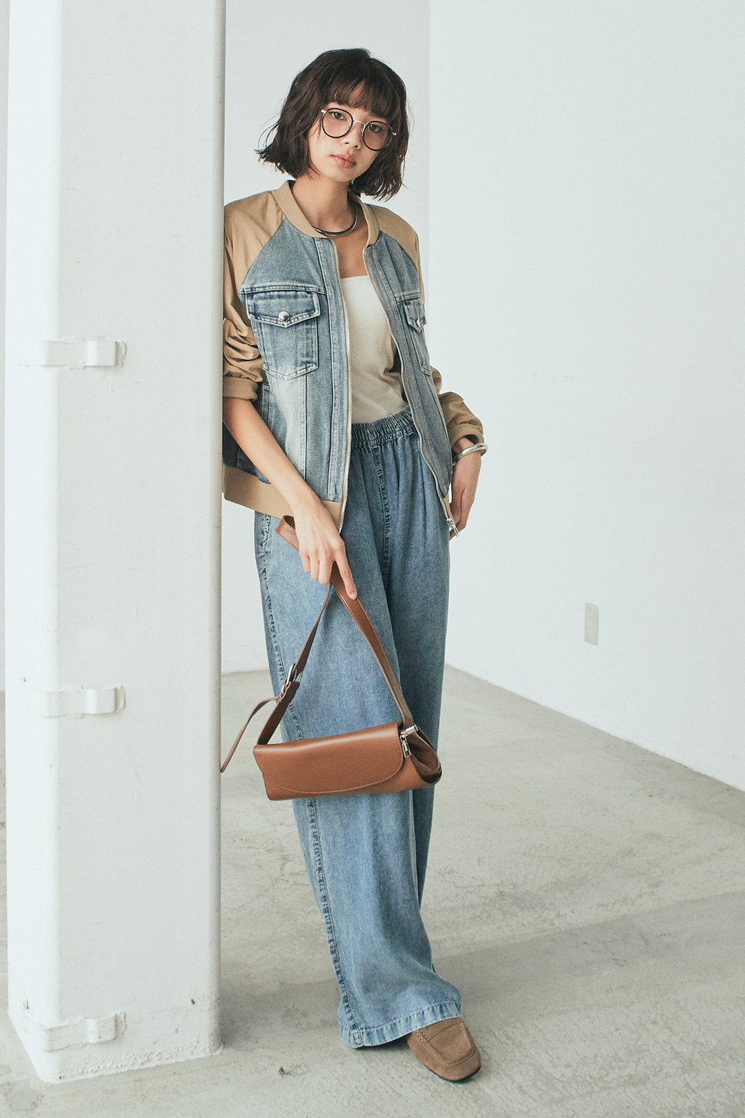 [SET]ナイロンデニムドッキングブルゾン+テンセルデニムイージーワイドパンツ(2set)