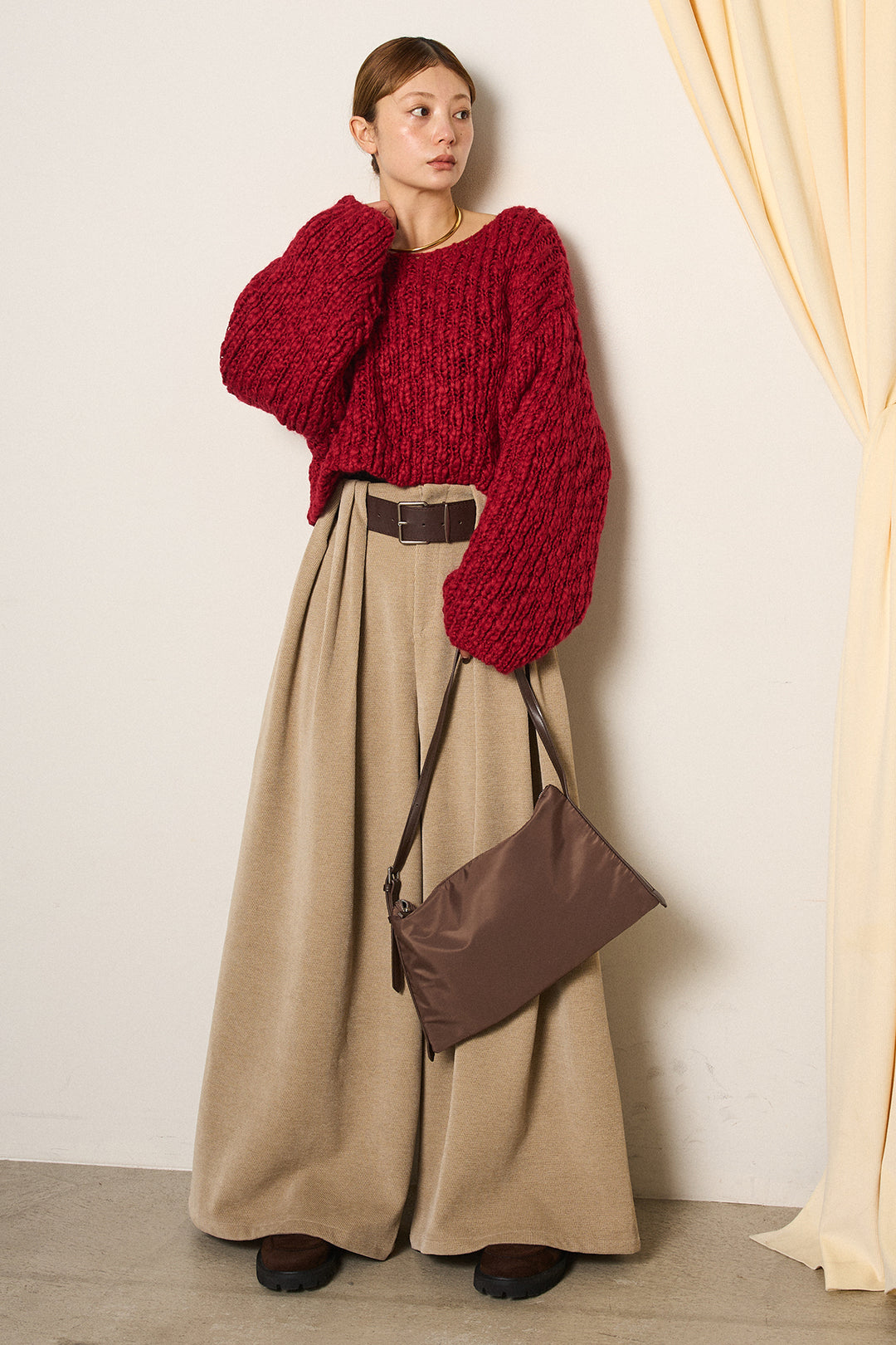 [SET]チャンキースラブニットクロップドプルオーバー+ベルトループコーデュロイワイドパンツ(2set)