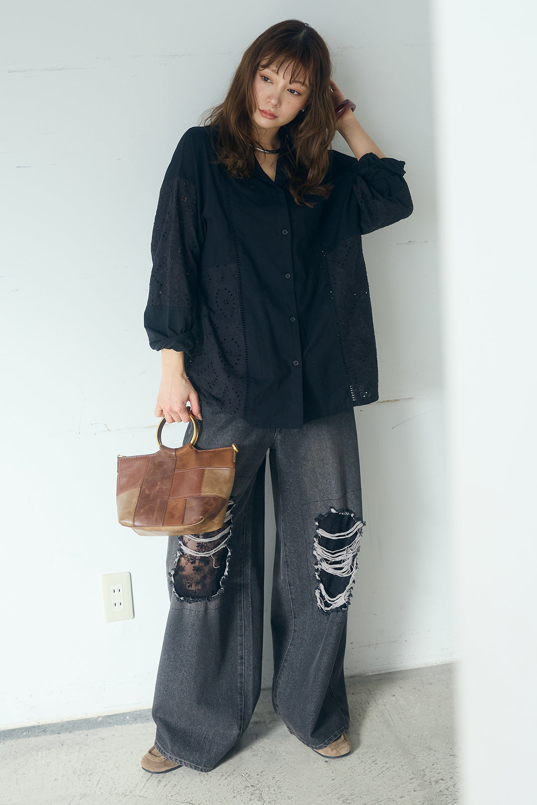 [SET]ローンレースオープンカラーシャツ+デニムレース付きワイドパンツ(2set)
