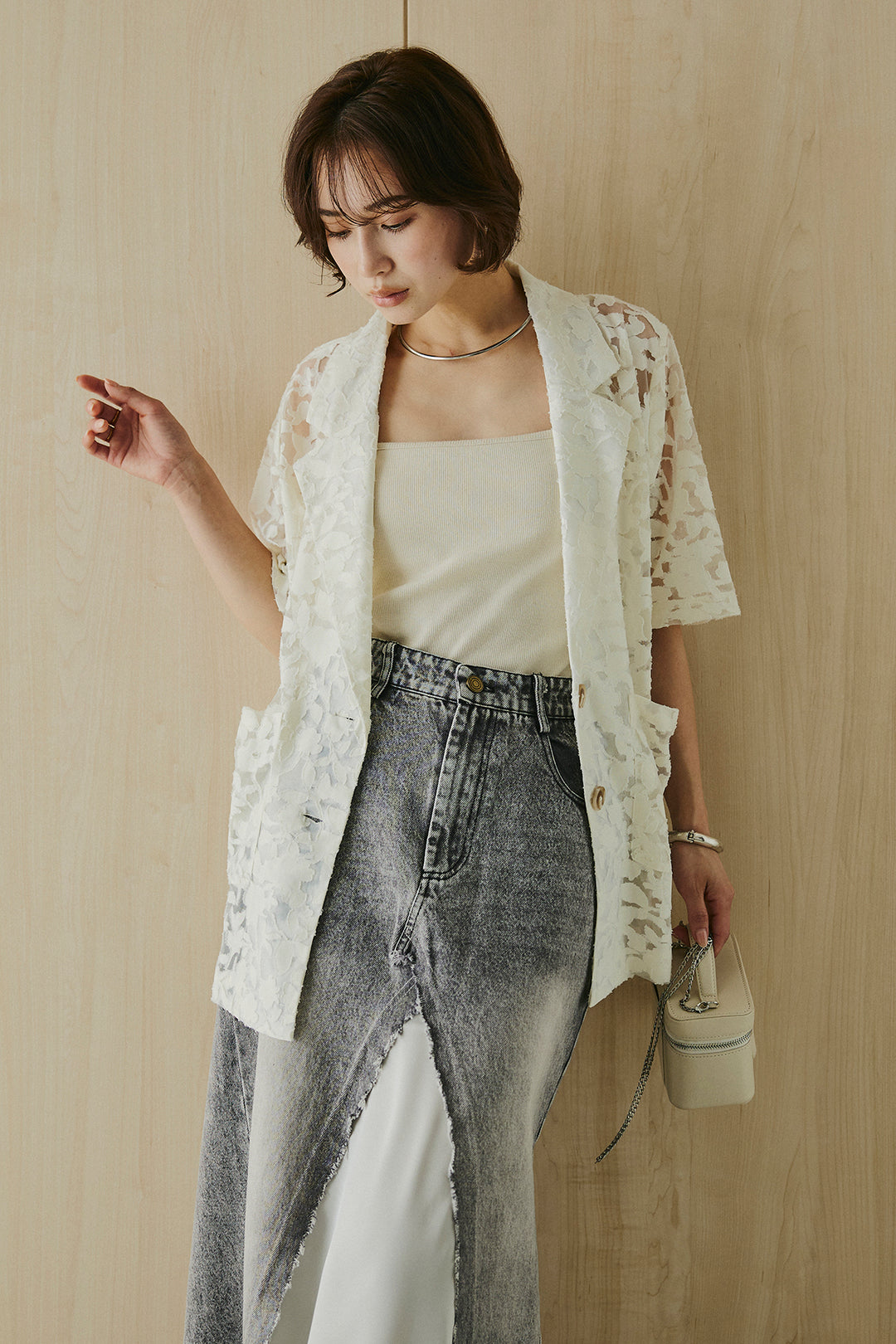 [SET]シアージャガードハーフスリーブテーラードジャケット+サテン切り替えデニムスカート(2set)